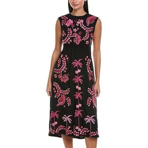 Johnny Was Open Tie Back Black / Pink Embroidered Knit MIDI Dress Medium‎ $280